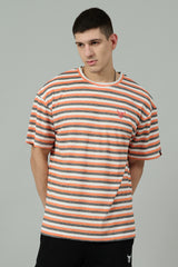 Multi Striped Casual Orange, Grey & White Oversized T-Shirt for Men