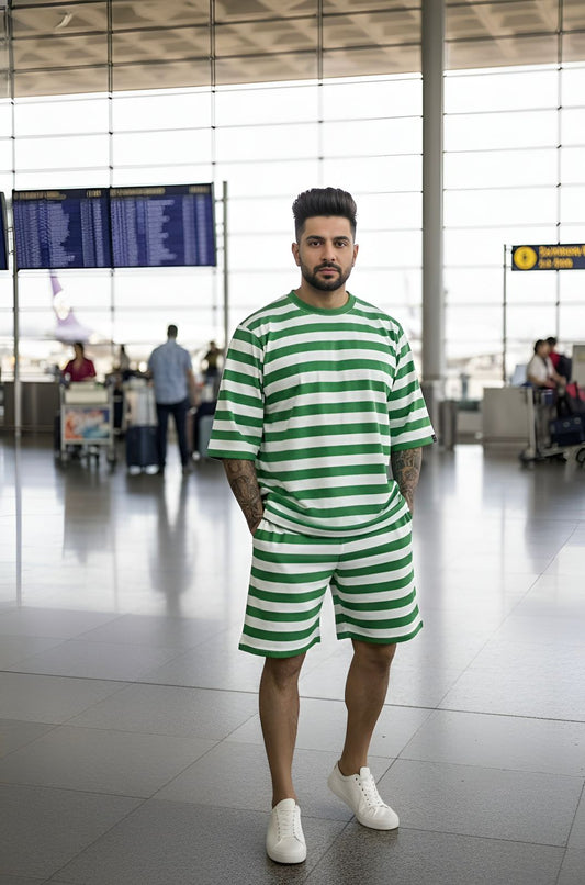 Go Devil Men's Green & White Striped Co-Ord Set