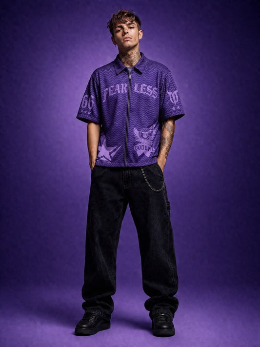 Go Devil Fearless Graphic Zip Oversized Dark Purple Half Sleeve Shirt For Men