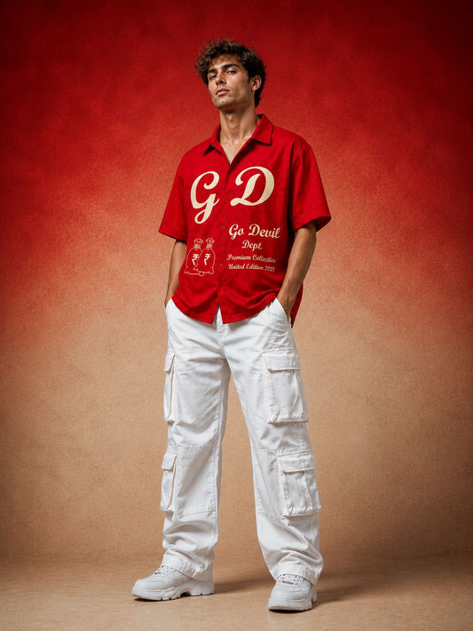 Go Devil Men's Dept. "GD" Embroidered Camp Collar Shirt – Red Premium Edition