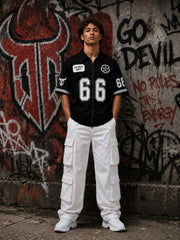 Go devil Black "66 Go Devil Dept." Varsity Baseball Jersey – Graphic Print Zip-Up Shirt For Men