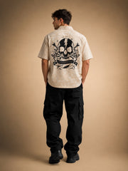 Go Devil Dept. Skull Graphic Camp Collar Oatmeal Vintage Textured Cotton Shirt For Men