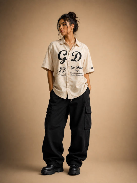 Go Devil Dept. Skull Graphic Camp Collar Oatmeal Vintage Textured Cotton Shirt For Women