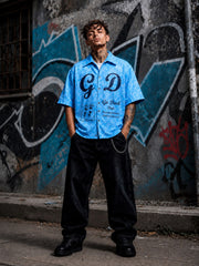 Go Devil Sky Blue GD Signature Graphic Zip Oversized Half Sleeve Shirt For Men