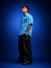 Go Devil Sky Blue GD Signature Graphic Zip Oversized Half Sleeve Shirt For Men