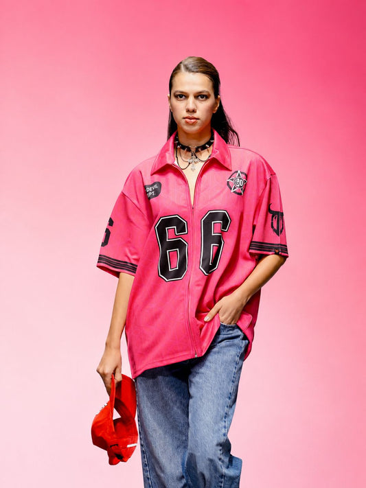 Go Devil Dept. "66" Printed Varsity Zip-Up Hot Pink Oversized Shirt For Women