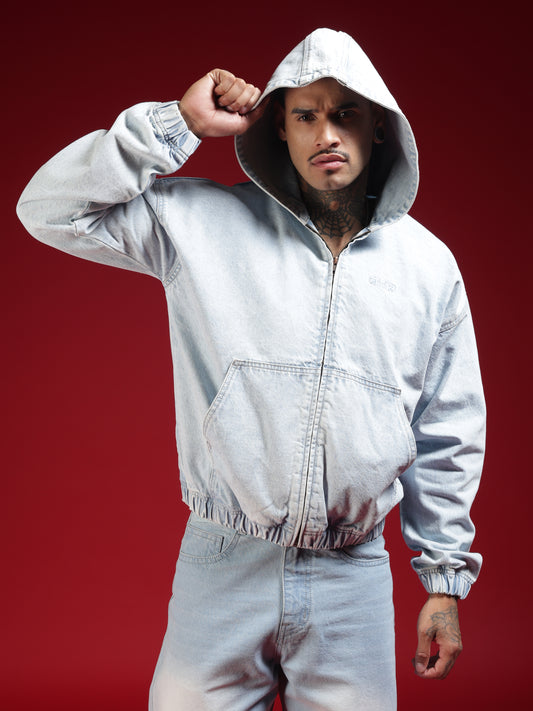 Go Devil Mens Light Blue Hooded Denim Jacket