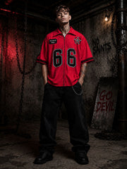 Go Devil Dept. "66" Printed Varsity Zip-Up Hot Pink Oversized Shirt For Men