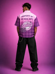 Go Devil Purple Dept. 66 Graphic Checked Zip Oversized Half Sleeve Shirt For Men