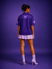 Go Devil Fearless Graphic Zip Oversized Dark Purple Half Sleeve Shirt For Women