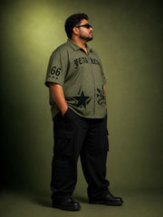 Go Devil Oversized Graphic Print Olive Green Half Sleeve Zip Front Top Shirt For Men
