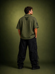 Go Devil Oversized Graphic Print Olive Green Half Sleeve Zip Front Top Shirt For Men
