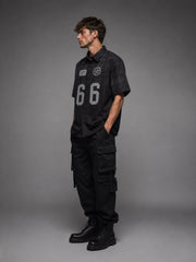 Go Devil Black Textured "66 Go Devil Dept." Graphic Print Button-Down Shirt For Men