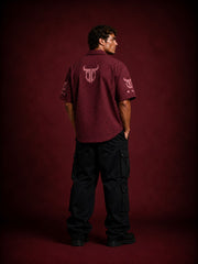 Go Devil Fearless Maroon Graphic Print Zip-Up Shirt – Star & Wing Embroidered Half Sleeve Shirt For Men