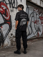 Go Devil Black Textured "66 Go Devil Dept." Graphic Print Button-Down Shirt For Men