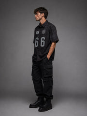 Go Devil Black Textured "66 Go Devil Dept." Graphic Print Button-Down Shirt For Men