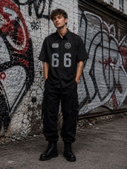 Go Devil Black Textured "66 Go Devil Dept." Graphic Print Button-Down Shirt For Men