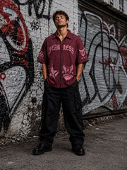 Go Devil Fearless Maroon Graphic Print Zip-Up Shirt – Star & Wing Embroidered Half Sleeve Shirt For Men