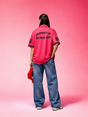 Go Devil Dept. "66" Printed Varsity Zip-Up Hot Pink Oversized Shirt For Women