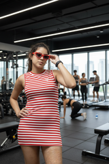 Go Devil Women's Red Striped Bodycon Dress – Sleeveless Ribbed Mini Dress