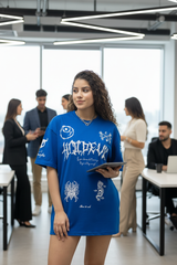 Go Devil Women's Cotton Oversized Blue Graphic T-Shirt