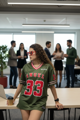 Go Devil ANGEL 33 Varsity Jersey Tee – Military Green & Red Edition