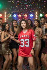 Go Devil ANGEL 33 (In White) Printed Red Oversized Jersey T-shirt For Women's