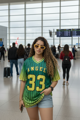 Go Devil ANGEL 33 (In Yellow) Printed Green Oversized Jersey T-shirt For Women's