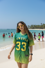 Go Devil ANGEL 33 (In Yellow) Printed Green Oversized Jersey T-shirt For Women's