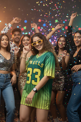 Go Devil ANGEL 33 (In Yellow) Printed Green Oversized Jersey T-shirt For Women's