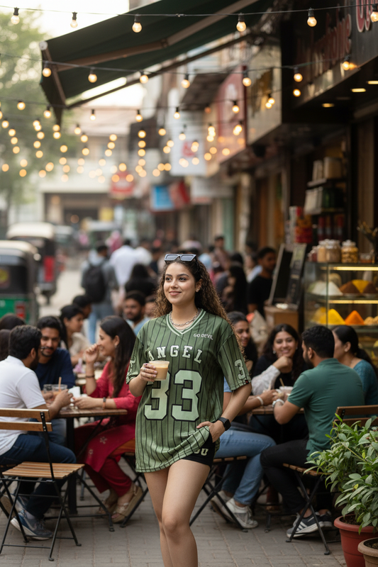 Go Devil ANGEL 33 Printed Army Green Oversized Jersey T-shirt For Women's