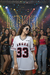 Go Devil ANGEL 33 (In Black) Printed White Oversized Jersey T-shirt For Women's