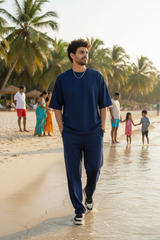 Go Devil Blue Textured T-Shirt With Pant Co-Ord Set For Men