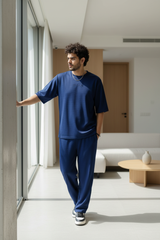 Go Devil Blue Textured T-Shirt With Pant Co-Ord Set For Men