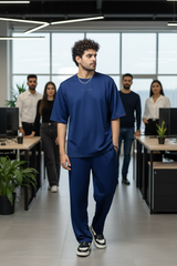 Go Devil Blue Textured T-Shirt With Pant Co-Ord Set For Men