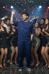 Go Devil Blue Textured T-Shirt With Pant Co-Ord Set For Men