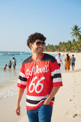 Go Devil 66 Striped (In White) Printed Red Oversized Jersey T-Shirt for Men