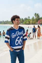 Go Devil 66 Striped (In White) Printed Blue Jersey Oversized T-Shirt for Men