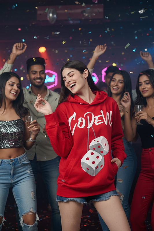 Go Devil Dice Printed Red Hoodie for Women
