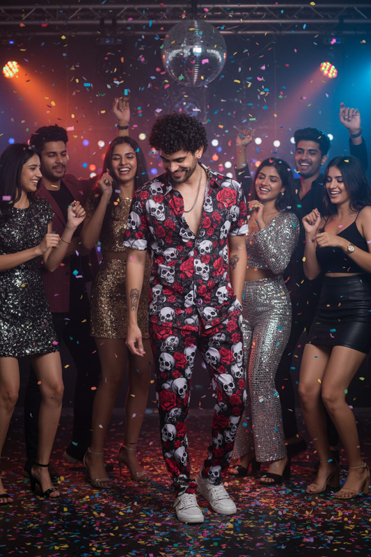 Skull with Rose Printed Black Shirt With Pant Co-Ord Set For Men