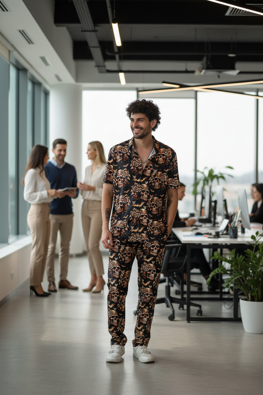 Golden Skull Printed Black Shirt With Pant Co-Ord Set For Men