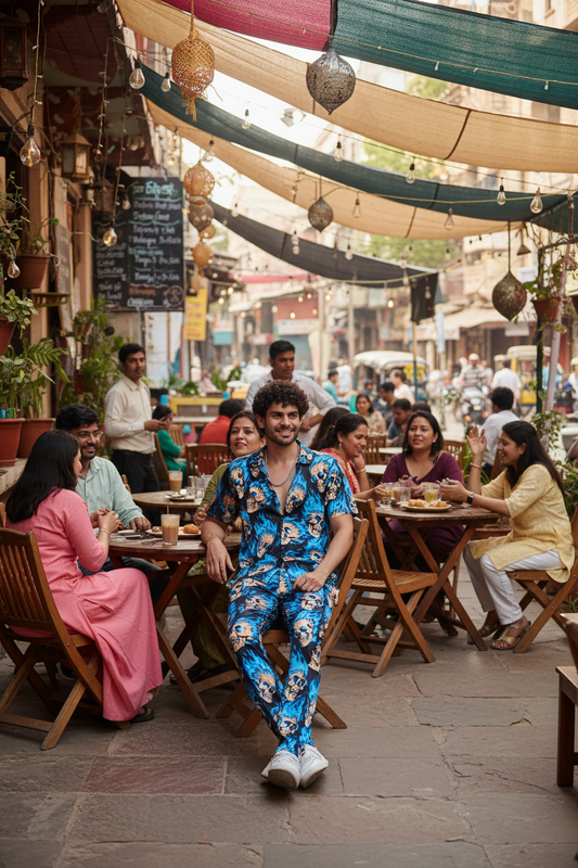 Blue Flaming Skull Printed Shirt With Pant Co-Ord Set For Men