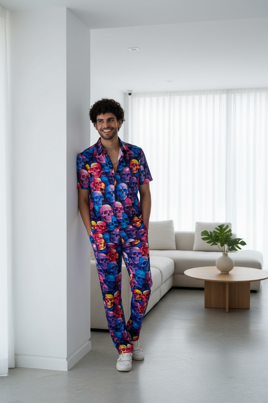Colourful Skull Printed Shirt With Pant Co-Ord Set For Men