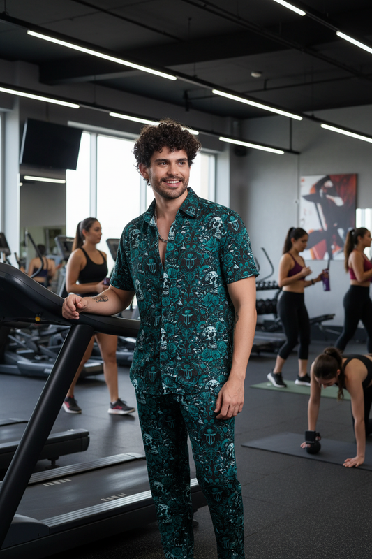 Skull and Rose Printed Green Shirt With Pant Co-Ord Set For Men