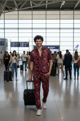 Skull and Rose Printed Red Shirt With Pant Co-Ord Set For Men