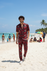 Skull and Rose Printed Red Shirt With Pant Co-Ord Set For Men