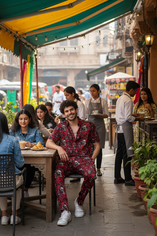 Skull and Rose Printed Red Shirt With Pant Co-Ord Set For Men