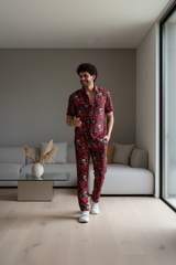 Skull and Rose Printed Red Shirt With Pant Co-Ord Set For Men