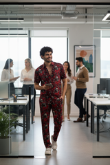 Skull and Rose Printed Red Shirt With Pant Co-Ord Set For Men