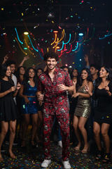 Skull and Rose Printed Red Shirt With Pant Co-Ord Set For Men